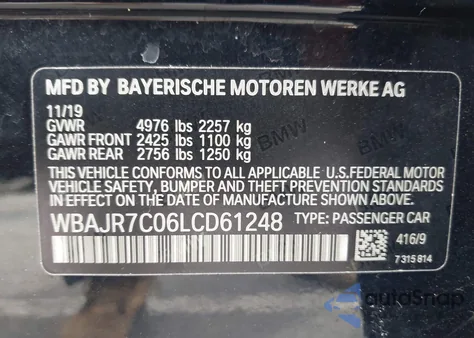 2020 BMW 530I xDrive z USA, uszkodzony, nr VIN WBAJR7C06LCD61248